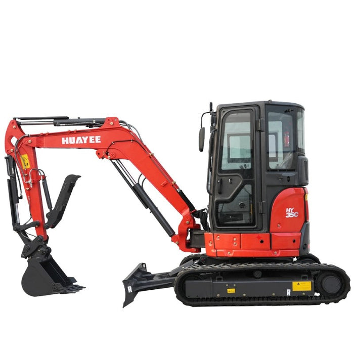 Excavons Titan 3500 3.5 ton mini excavator side profile with enclosed cab and dozer blade