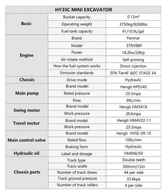 Excavons Titan 3500 specification sheet Yanmar 3TNV88F 24 HP