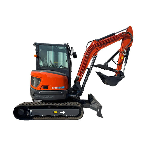 Excavons Titan 3800 UF 3.8 ton mini excavator front view with hydraulic thumb bucket