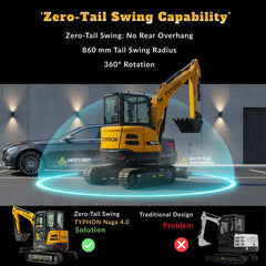 TYPHON NAGA 4.0 zero tail swing diagram 860 mm tail swing radius 360 degree rotation