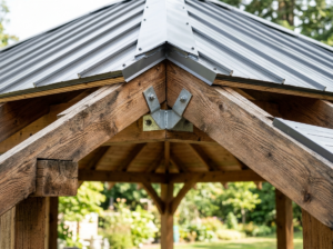 Detail of the peaked aluminum roof panels meeting the cedar rafters of the pavilion