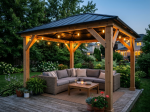 Cedar gazebo pavilion with aluminum roof over a backyard deck seating area at dusk