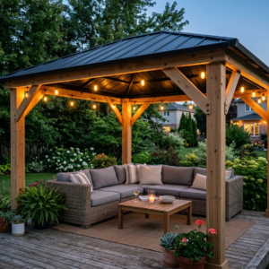 Cedar gazebo pavilion with aluminum roof over a backyard deck seating area at dusk