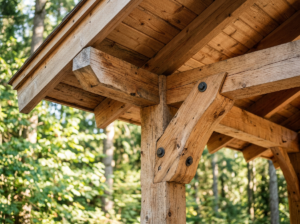 Detail of the wooden hard-top roof panels and cedar post bracket of the pavilion