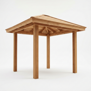 Hudson cedar pavilion with a wooden hard-top roof and four posts on a white background