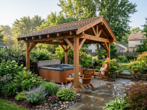 Cedar hard-top pavilion sheltering a patio hot tub in a landscaped backyard