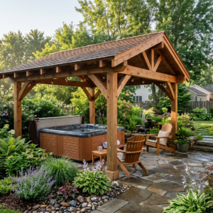 Cedar hard-top pavilion sheltering a patio hot tub in a landscaped backyard