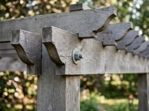 Close-up of the cedar beam joinery and timber gray stain of the Madison pergola