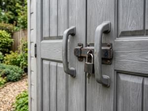 Detail of the double-door handles and lockable latch of the gray resin shed