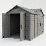Gray 10x8 ft dual-entry resin storage shed with double doors on a white background
