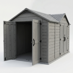 Gray 10x8 ft dual-entry resin storage shed with double doors on a white background
