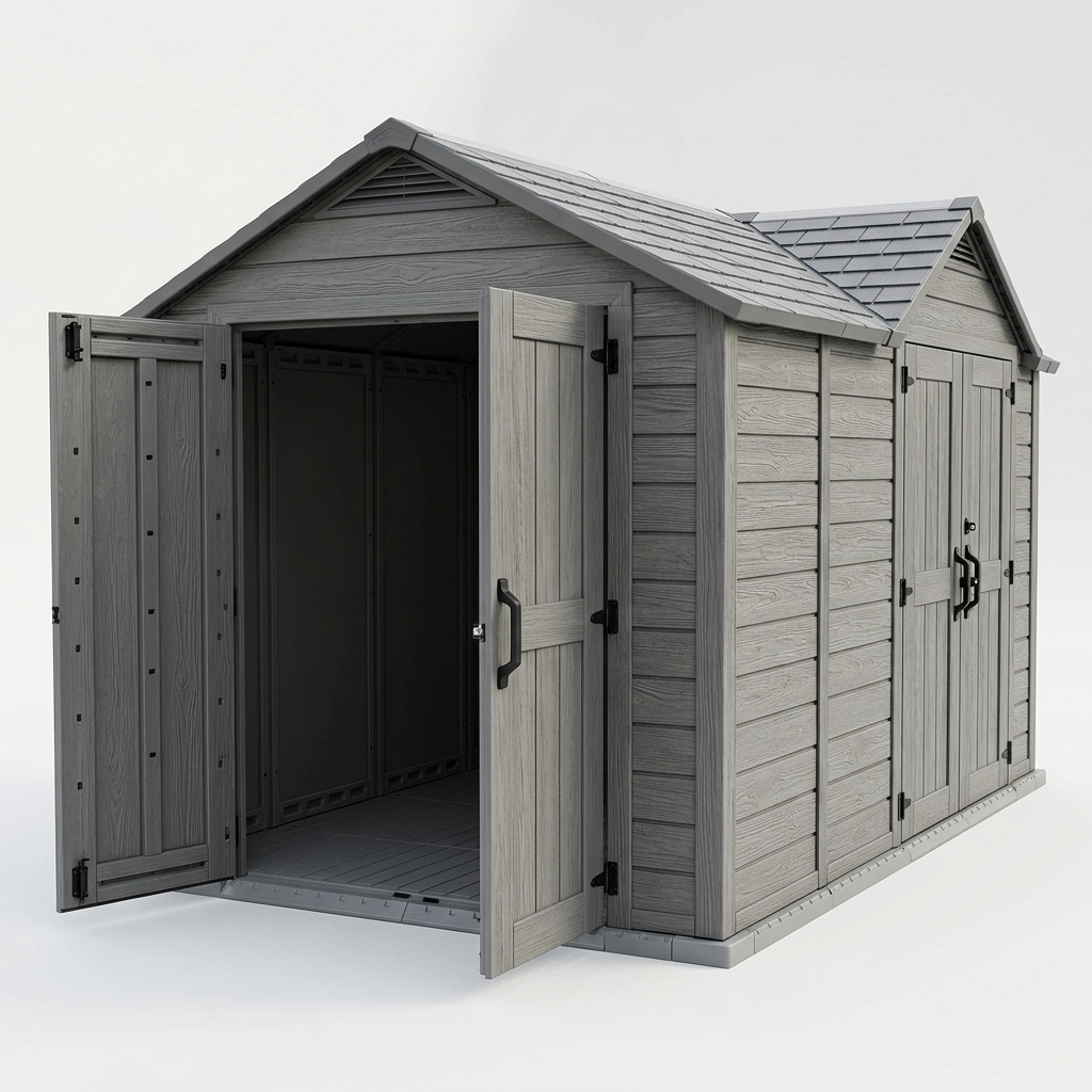 dual entry resin shed gray hero Gray 10x8 ft dual-entry resin storage shed with double doors on a white background