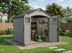 Gray dual-entry resin storage shed in a backyard with doors open showing tools inside