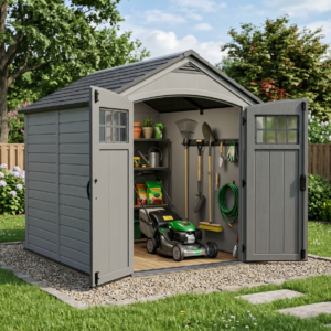 Gray dual-entry resin storage shed in a backyard with doors open showing tools inside