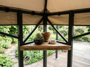 Detail of the built-in corner shelf and black steel frame of the soft-top gazebo