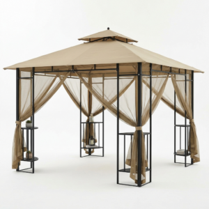 10 ft khaki soft-top steel patio gazebo with netting and shelves on a white background