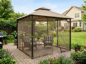 Khaki soft-top steel gazebo with mosquito netting set up on a backyard patio