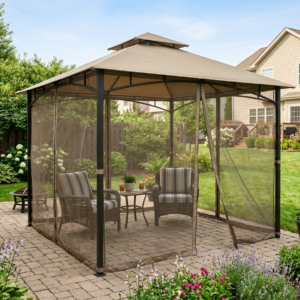 Khaki soft-top steel gazebo with mosquito netting set up on a backyard patio