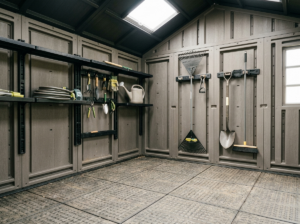 Interior of the resin shed showing daylight through the roof skylight onto the floor