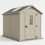 Beige 10x12 ft resin storage shed with a wide lockable door and roof skylight on a white background