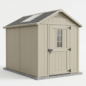 Beige 10x12 ft resin storage shed with a wide lockable door and roof skylight on a white background
