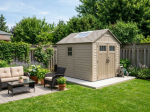 Beige resin storage shed with a skylight on a concrete pad in a backyard