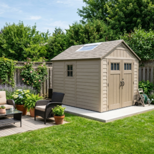 Beige resin storage shed with a skylight on a concrete pad in a backyard