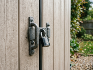Detail of the UV-protected beige HDPE panel texture and door lock of the shed