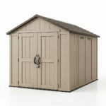 Desert sand 15x8 ft resin outdoor storage shed with lockable double doors on a white background
