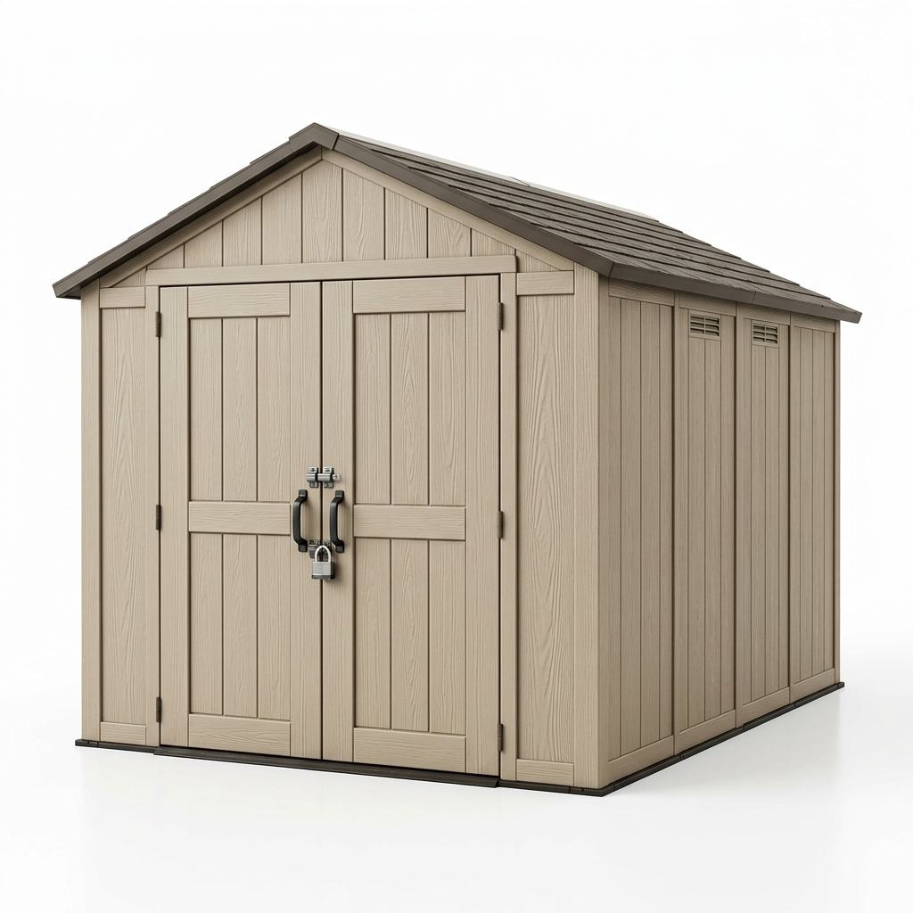resin shed desert sand 15x8 hero Desert sand 15x8 ft resin outdoor storage shed with lockable double doors on a white background