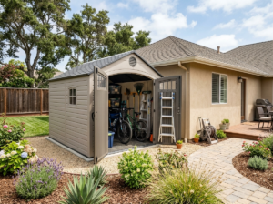 Large desert sand resin storage shed beside a house with bikes and ladders inside