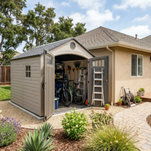 Large desert sand resin storage shed beside a house with bikes and ladders inside
