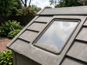 Detail of a roof skylight panel and ridge of the resin storage shed from outside