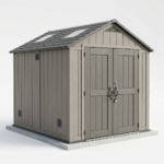 8x10 ft resin storage shed with lockable double doors and roof skylights on a white background