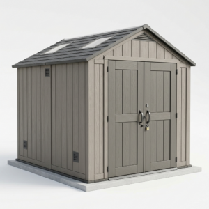 8x10 ft resin storage shed with lockable double doors and roof skylights on a white background