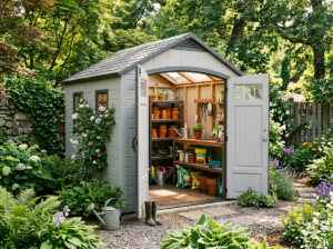 Resin storage shed with skylights in a garden corner, doors open showing shelves and pots