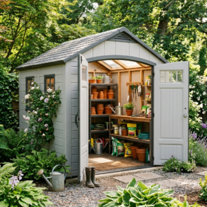 Resin storage shed with skylights in a garden corner, doors open showing shelves and pots