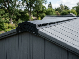 Detail of the ventilated ridge roof vent and double-wall grey resin panel