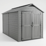 Grey 8x16 ft double-wall resin storage building with lockable double doors on a white background