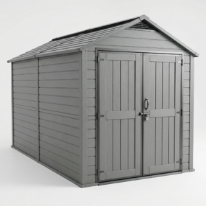 Grey 8x16 ft double-wall resin storage building with lockable double doors on a white background