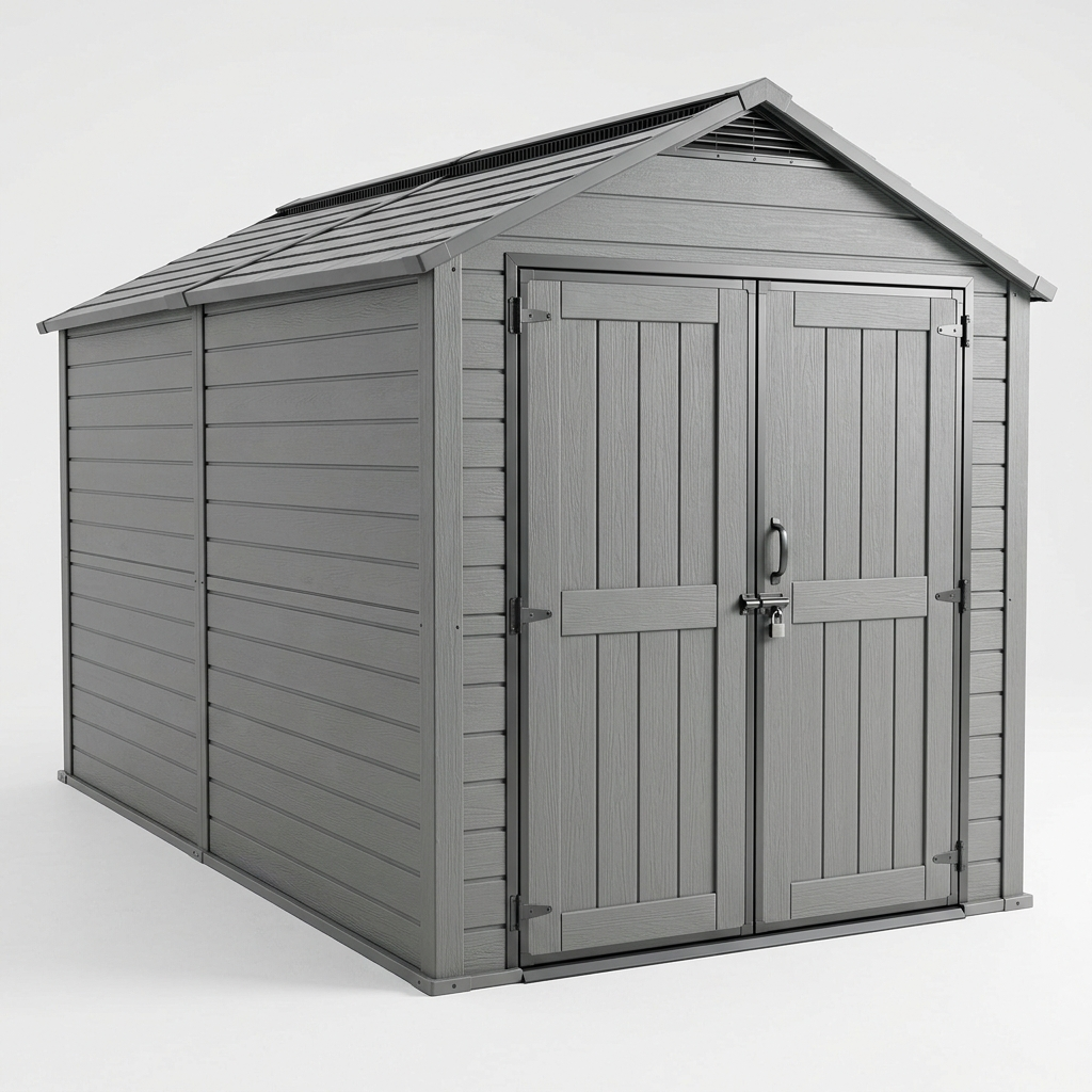 resin storage building grey 8x16 hero Grey 8x16 ft double-wall resin storage building with lockable double doors on a white background