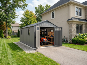 Long grey resin storage building beside a home with a mower and workbench inside