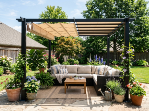 Black steel pergola with a half-open retractable canopy over a backyard lounge area