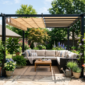 Black steel pergola with a half-open retractable canopy over a backyard lounge area